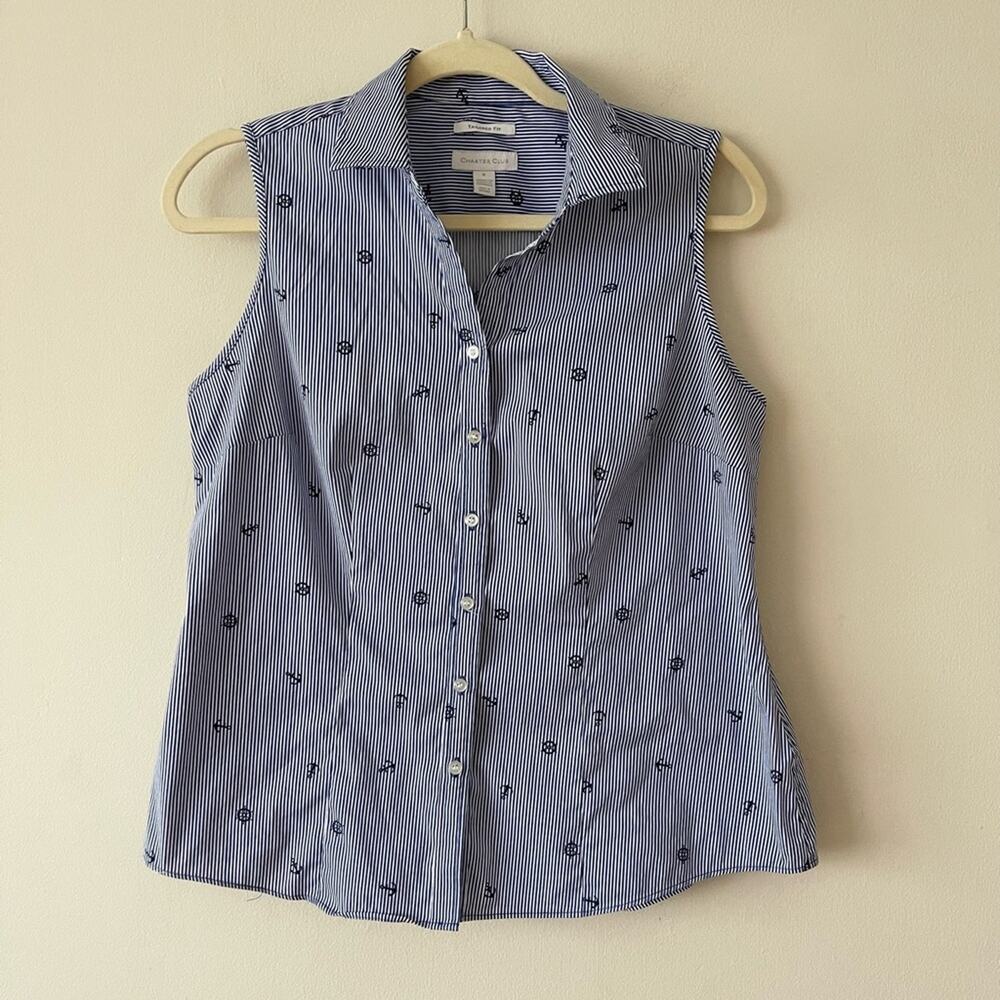 Charter Club Blue Striped Sleeveless Button Front Top Women size 6 Blue Stripe